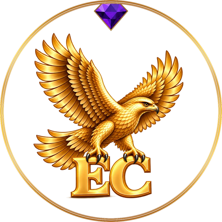 The Elite Church seal: a golden eagle, EC monogram and purple diamond inside a gold ring.